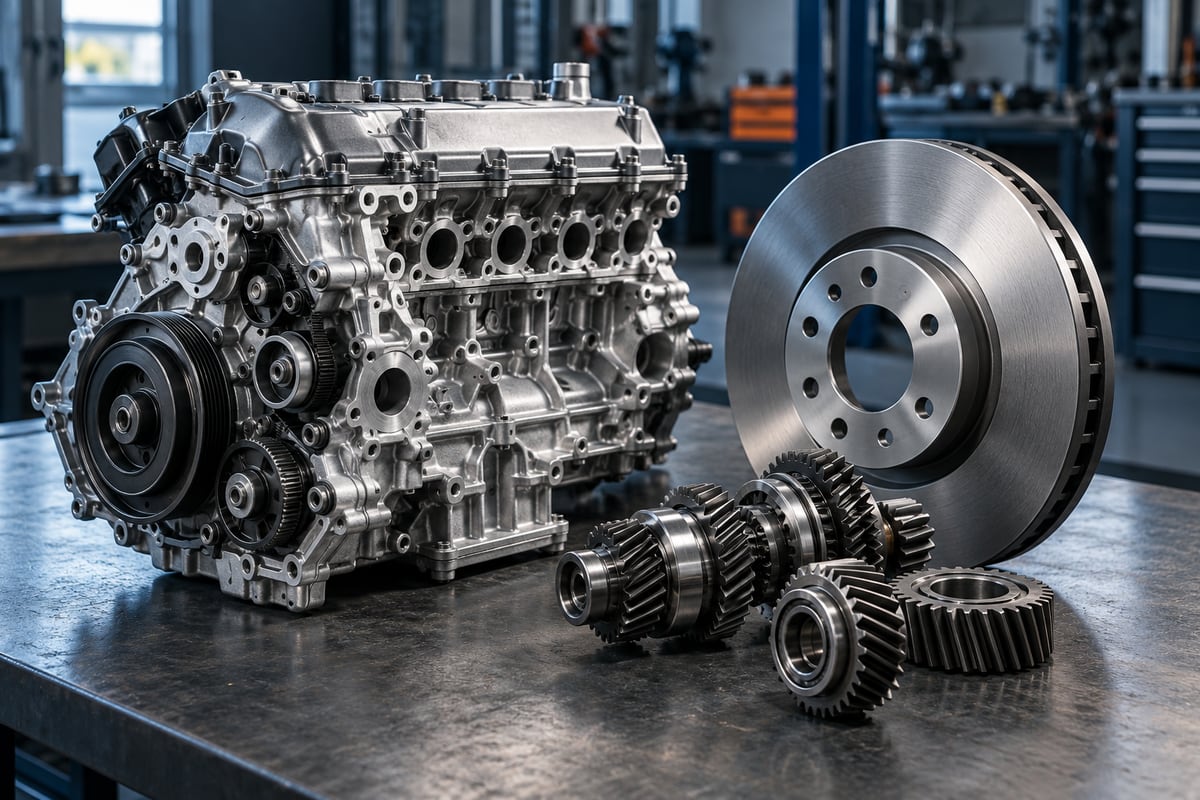 Generated illustration of an engine assembly, brake disc and transmission gears.