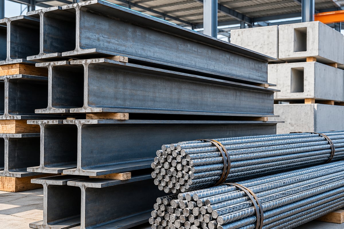 Generated illustration of stacked structural steel, reinforcing bars and precast concrete blocks.