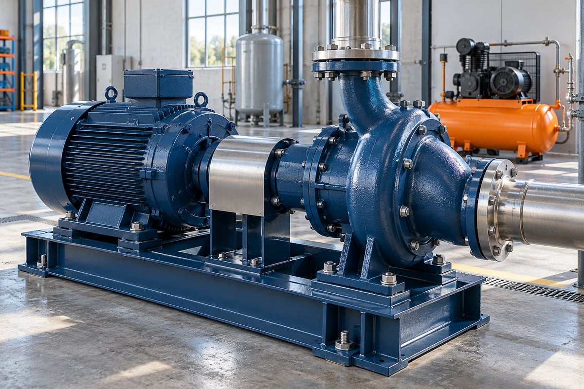Generated illustration of an industrial electric motor, pump and air compressor.