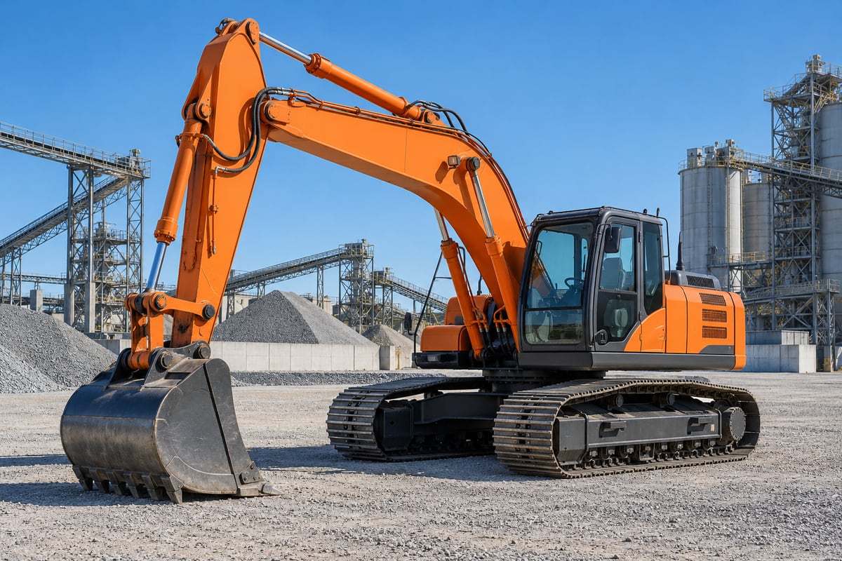 Generated illustration of an unbranded tracked excavator in an industrial yard.