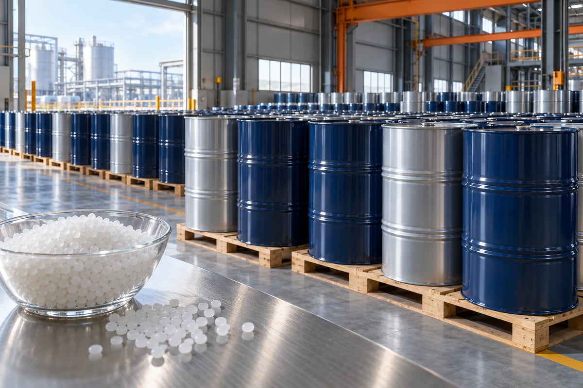 Generated illustration of unbranded industrial drums and white polymer granules.