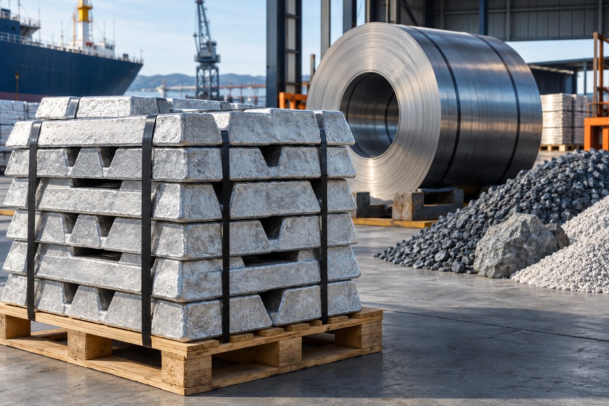 Generated illustration of aluminium ingots, a steel coil and mineral aggregate.