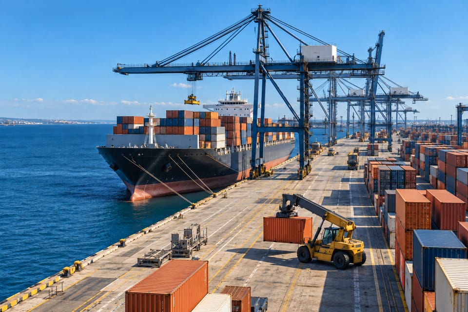 Illustrative international container terminal with a cargo ship and industrial cranes.